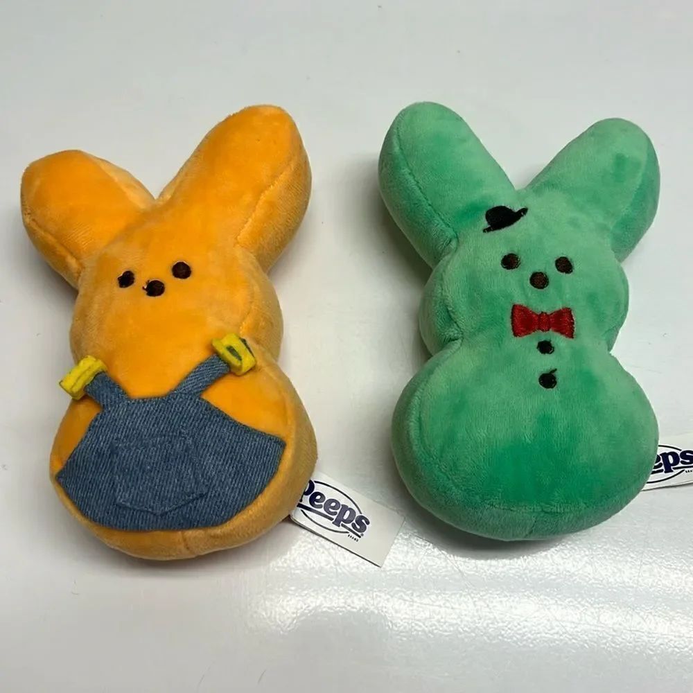 (2) 6” Stuffed Rabbit Peeps Orange Rabbit Overalls Green Rabbit Bow Hat Easter